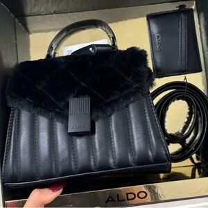 New Aldo Black Faux Fur Handbag & Wallet Set